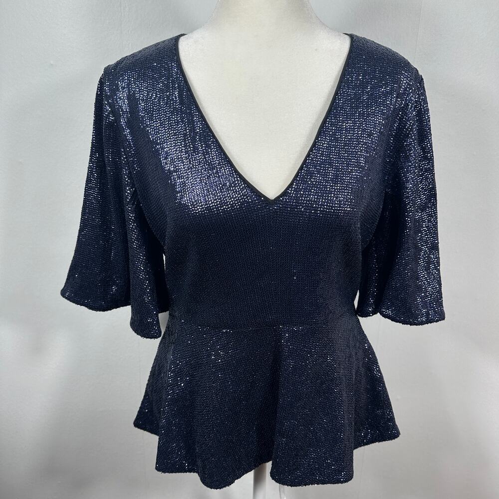 Rachel Zoe Navy‎ Sequin Peplum Top Womens 4 V Neck Short Sleeve Evening